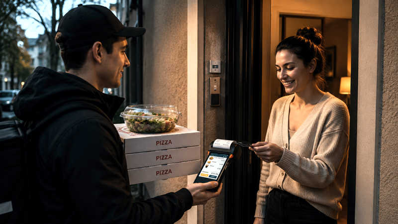 Thermorollen für Lieferdienste – Pizza-Lieferant mit SUNMI Terminal